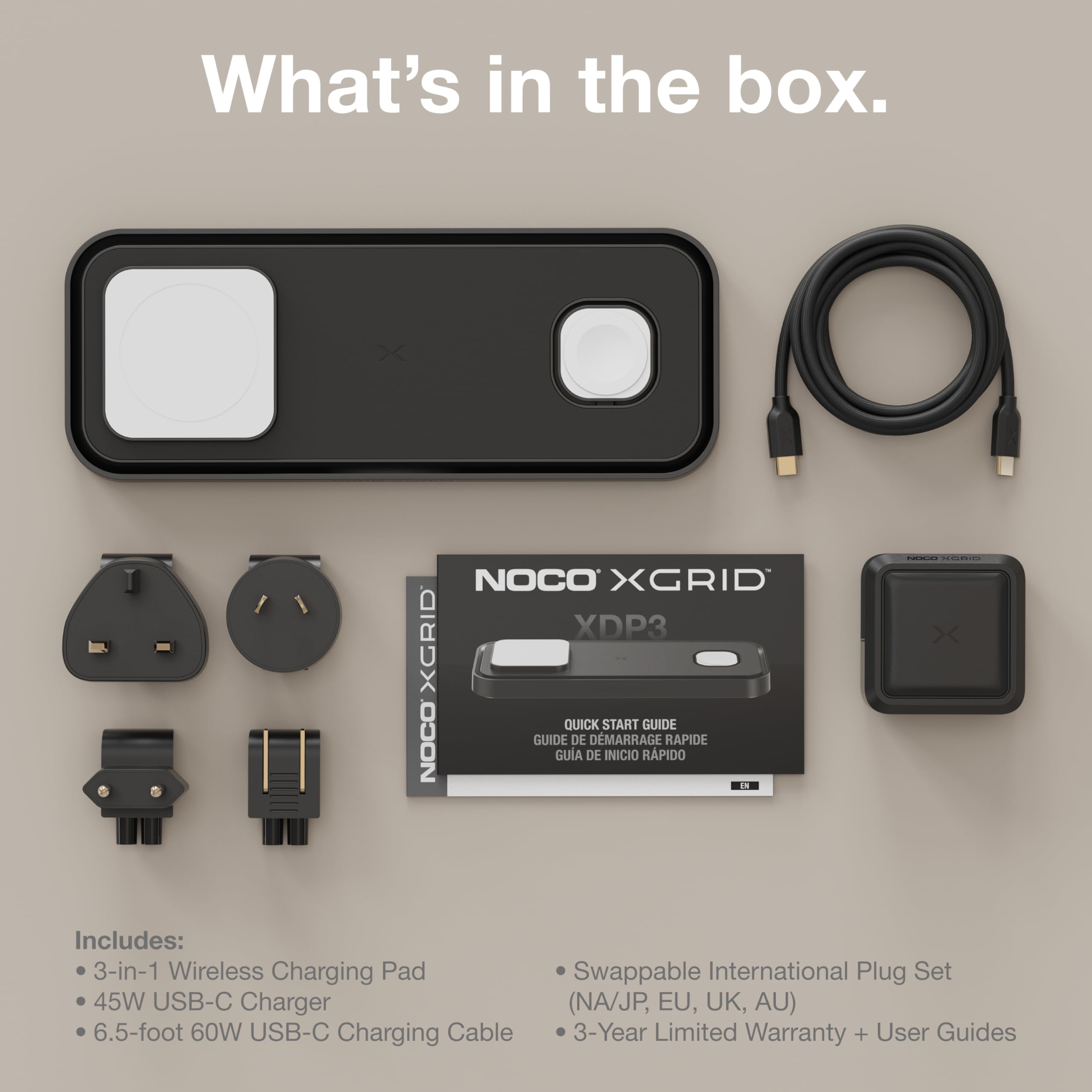 NOCO XGrid XDP3: Base di Ricarica Wireless 3-in-1 – Stazione di Ricarica per iPhone, Apple Watch e AirPods – Compatibile MagSafe, Certificata Qi2 – Con Caricatore USB-C 45W e Cavo da 2m