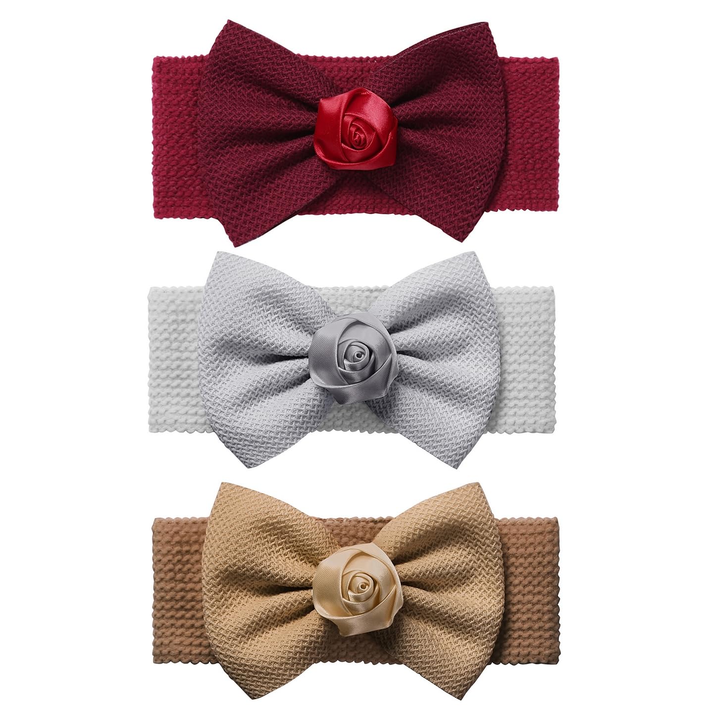 BESZANA Conjunto de 3 piezas Diademas para bebé con decoración floral Accesorios para el cabello multicolor para bebés y niños pequeños de 0 a 3 años Marrón Plata Borgoña 0 a 3 años