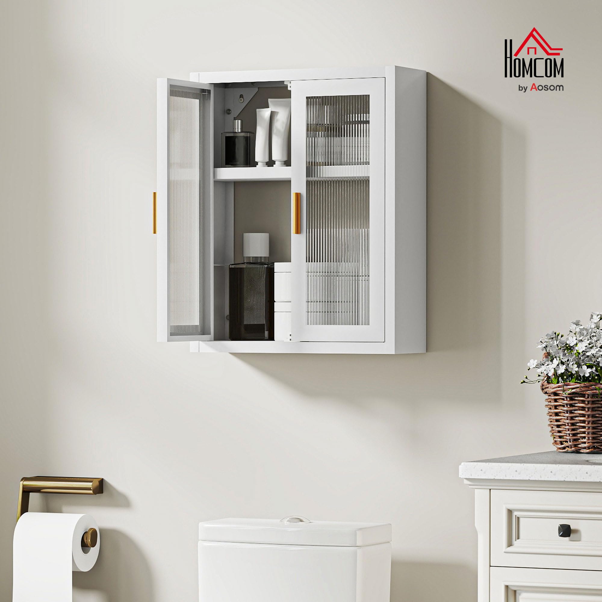 HOMCOM Armario de Baño de Pared Moderno con Puertas de Acrílico Blanco | Mueble de Baño Colgante, Estante Ajustable, Cierres Magnéticos, Armario de Almacenamiento, Lavadero, sobre Inodoro