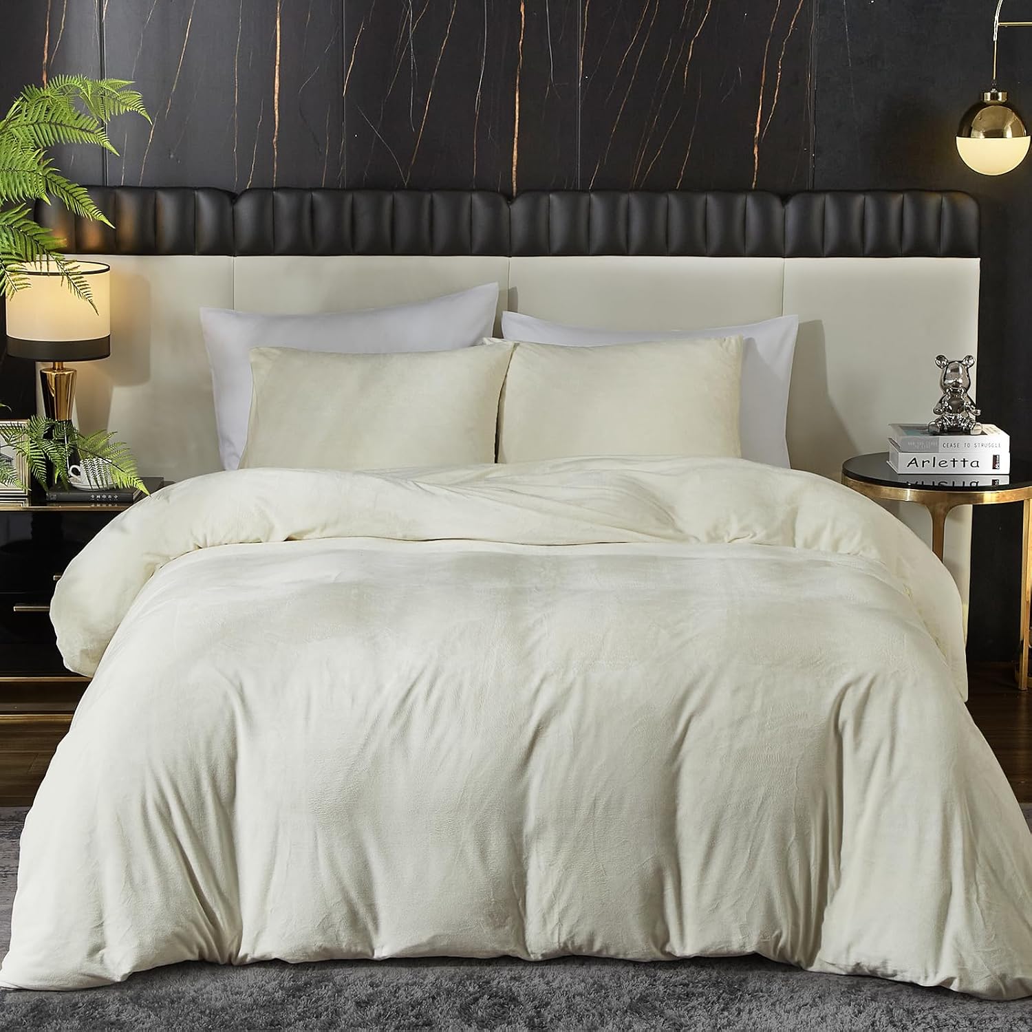 Ivellow Velvet Duvet Cover Set Beige Duvet Cover Queen Size 3Pcs Ultra Soft Comforter Cover Breathable Solid Luxury Flannel Velour Duvet Cover Zipper Closure Corner Tie