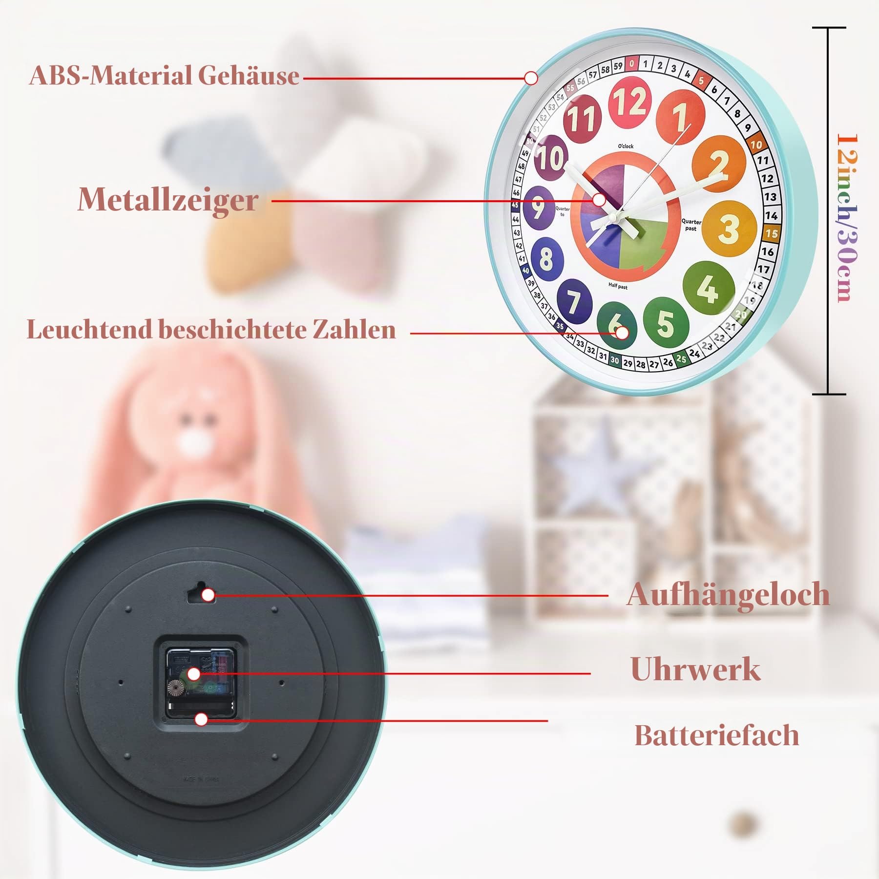 Lernuhr für Kinder, leuchtet im Dunkeln, Wanduhr für Schlafzimmer, 30,5 cm, leises Nachtlicht, Kinder-Wanduhr, bunt beleuchtet, Uhrzeit, Lehruhr, Kinderzimmer-Dekoration (beleuchtet, Eisblau)
