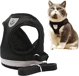 MYKOMI Comfort Step-in Cat Dog Harness and Leash Set for Puppies Cats Kitty Escape Proof Pet Vest Harnesses for Small Animals Rabbit/Mouse/Cats (M:3-4.5KG, Black)