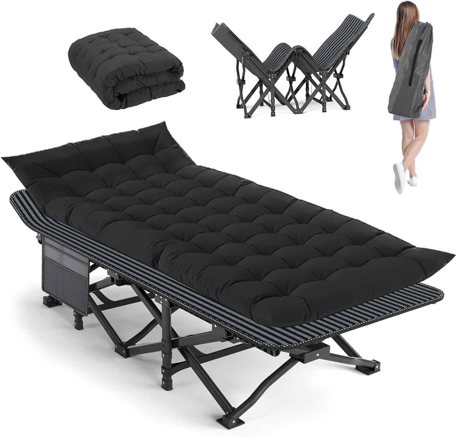 Camping Cot, Extra Wide with Thick Mattress, Folding Oversized XL 75\" L x 28\" W x 15\" H Heavy Duty Sleeping Bed for Adult Black (Missing Mattress)