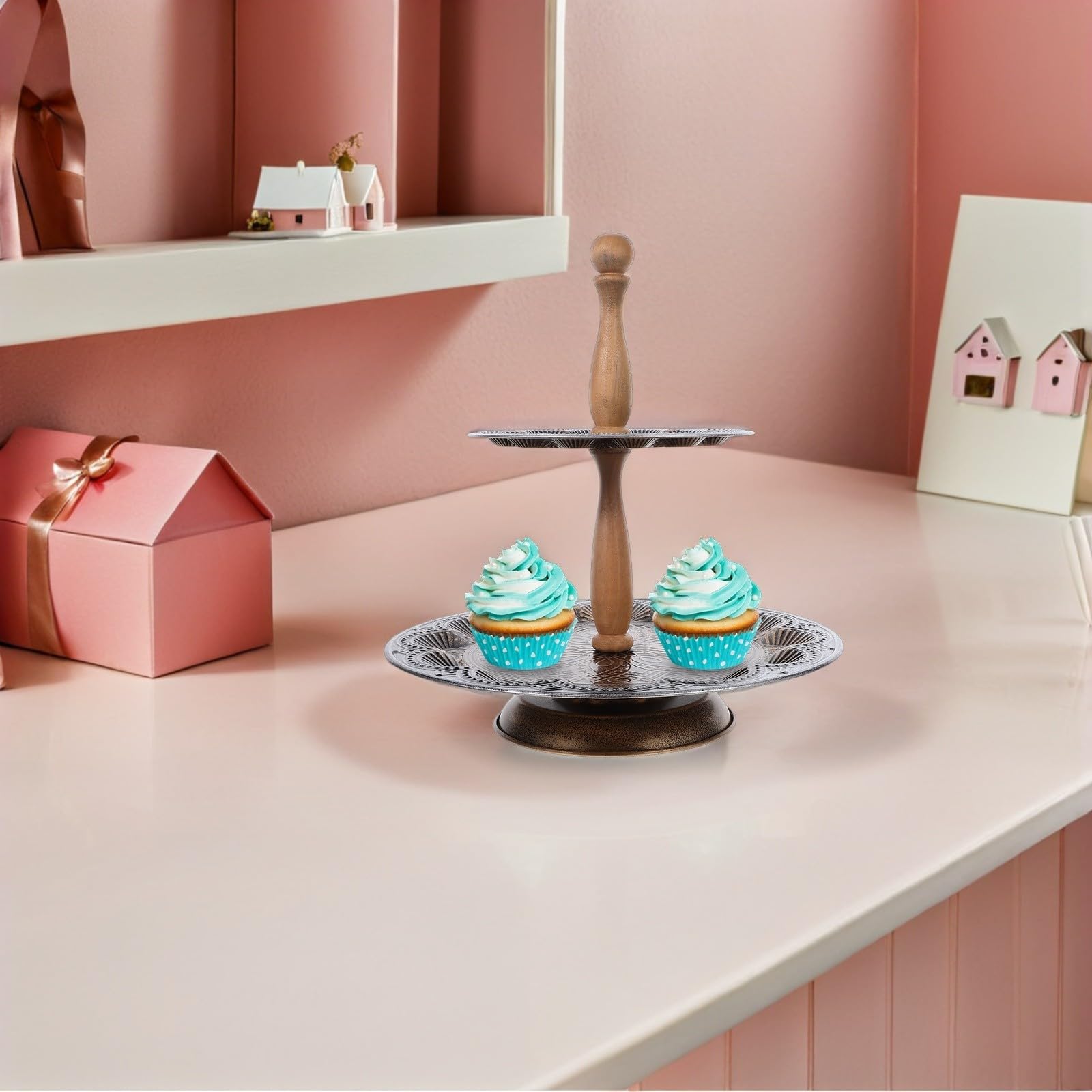 Soporte Rústico para Cupcakes y Tartas de Hierro Doble Capa y Diseño Desmontable, Bandeja Redonda de Madera para Exhibición en Reuniones y Barra de Café