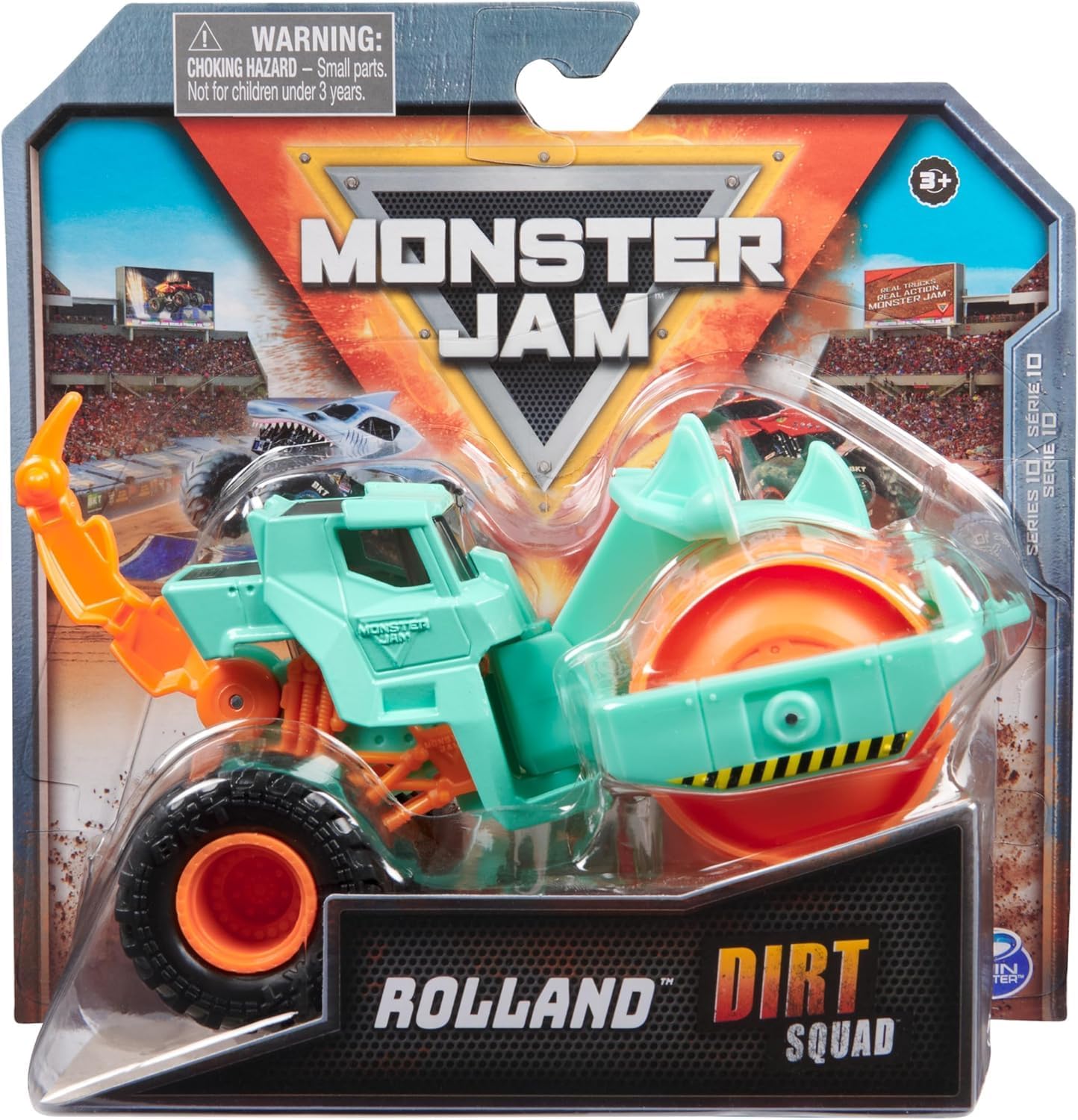 Monster Jam, Official Dirt Squad Monster Truck with Moving Parts, 1:64 Scale Die-Cast Vehicle Toys for Boys 3+ (Rolland Orange and Aqua Blue)