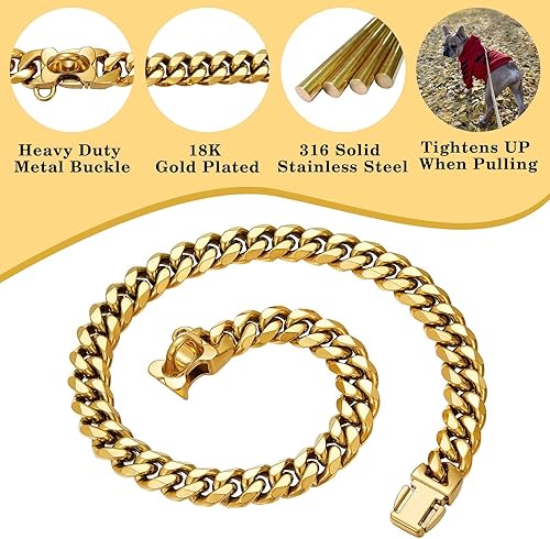 Miniatura 3 de Collar de oro para perro, cadena de oro de 18 quilates, resistente y resistente, a prueba de mordidas, collar de perro de eslabones cubanos de metal