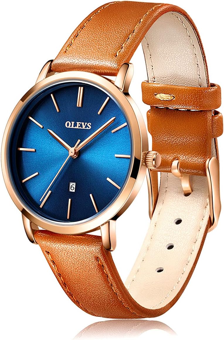 OLEVS Watches for Women Waterproof Wristwatches Analog Quartz Ultra Thin Upgraded-Yellow Watches Leather Strap Watches with Date Calendar Watches,Gifts for Women