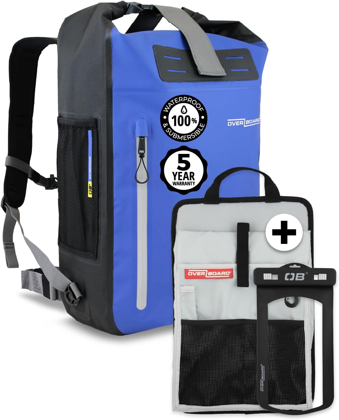 Overboard Blue Waterproof Backpack 30L Bundle | Roll Top Floating Dry Bag for Kayaking, Beach, Boating, Hiking, Fishing, Rafting | Includes Waterproof Phone Case and Backpack Organizer Overboard Blue Waterproof Backpack 30L Bundle | Roll Top Floating Dry Bag for Kayaking, Beach, Boating, Hiking, Fishing, Rafting | Includes Waterproof Phone Case and Backpack Organizer