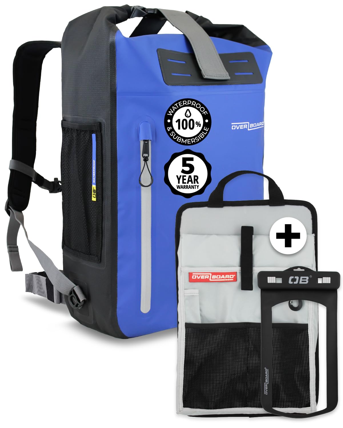 OverBoard Blue Explorer Waterproof Backpack 30L Bundle | Roll Top Floating Dry Bag for Kayaking, Beach, Boating, Hiking, Rafting | Includes Waterproof Phone Case and Backpack Organiser (Blue,30 Litre)