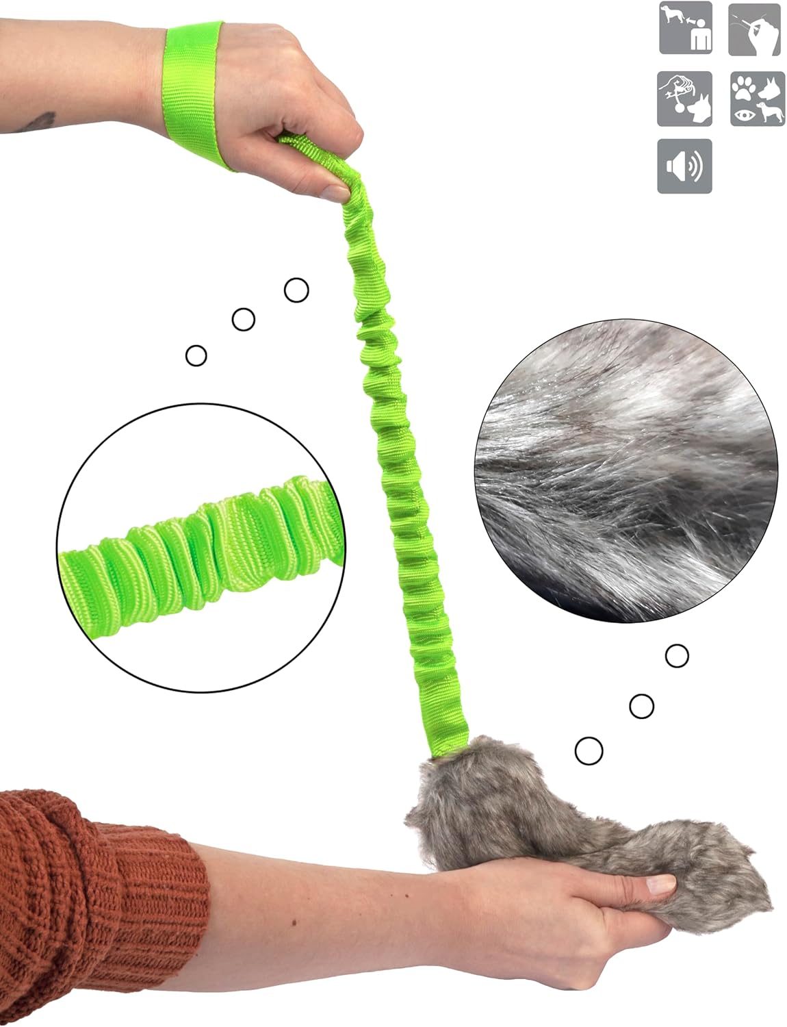 Dingo Fleece Dog Toy Artificial Fur Racer Squeaky Teaser Dog Wand 55 cm Long Bungee Handle for Agility, Dog Training, Reward, Retrieve, Chasing, Play Green 15584-2