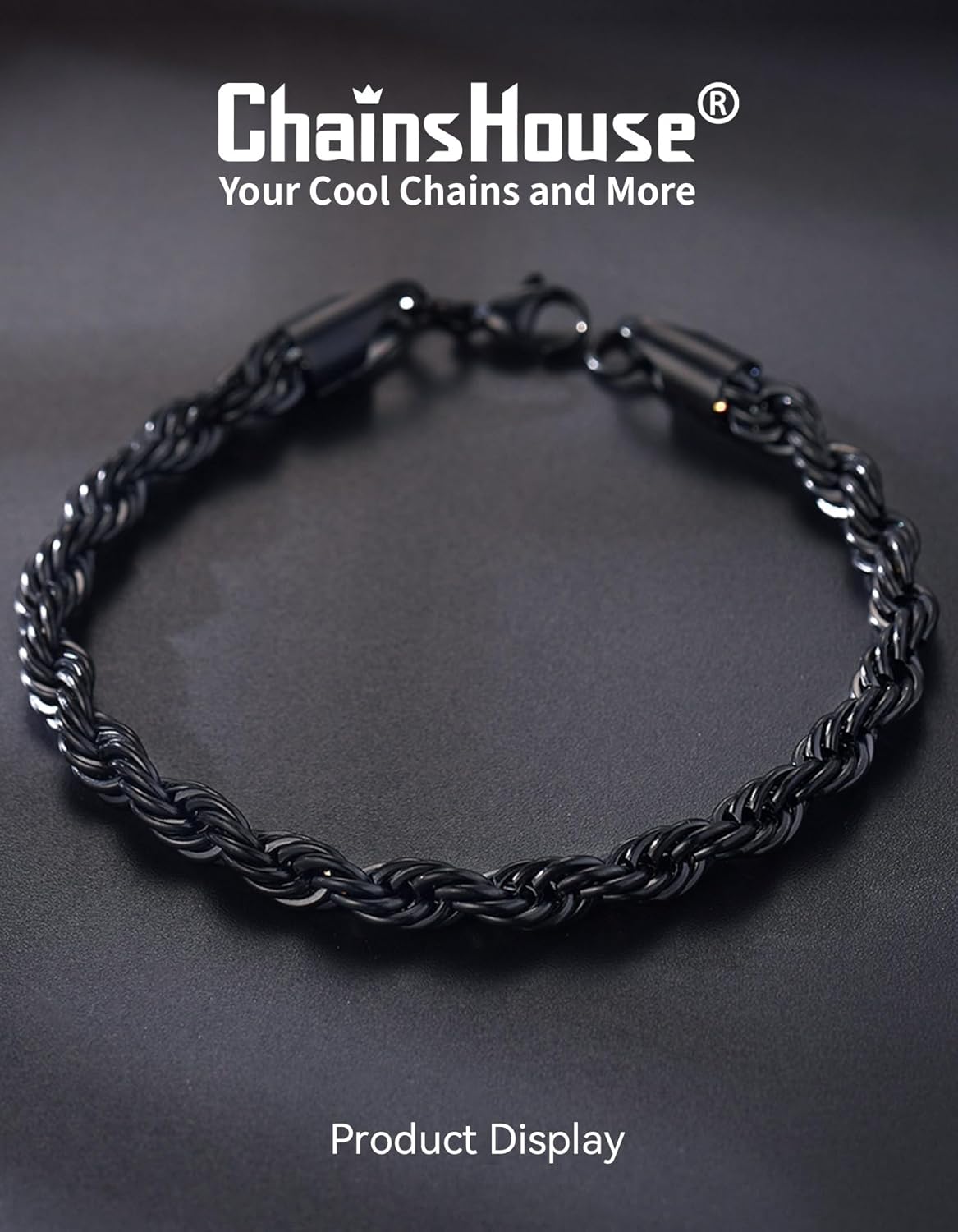 ChainsHouse Chain Bracelet for Men, Twisted Rope Bracelets Stainless Steel/Black/14K Gold Metal Plated Wrist Chain, 3mm/6mm Width, 8.3", Send Gift Box - Image 4