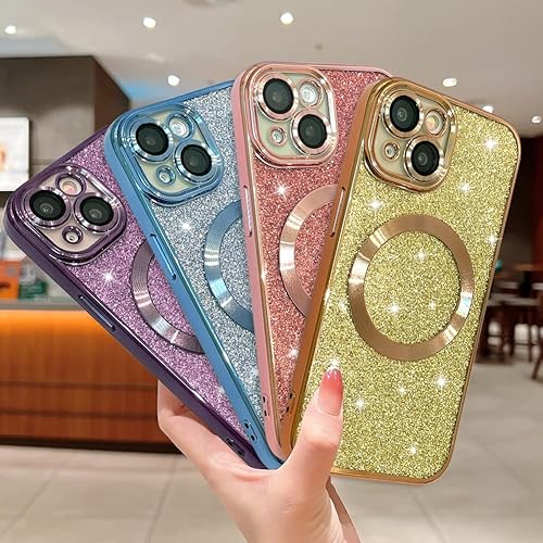 Miniatura 6 de Funda para iPhone 15 de 6.1 pulgadas con purpurina magnética, compatible con MagSafe, funda transparente de lujo, protector completo de lente de