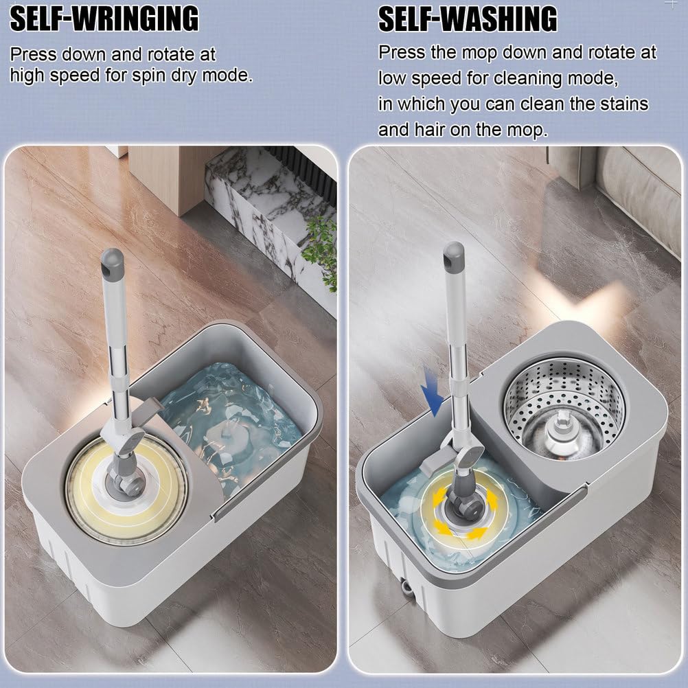 Juego de fregona giratoria y Cubo con escurridor, Sistema de Cubo y fregona Giratorio de 360° con 3 recambios de fregona de Microfibra para Limpieza de Suelos