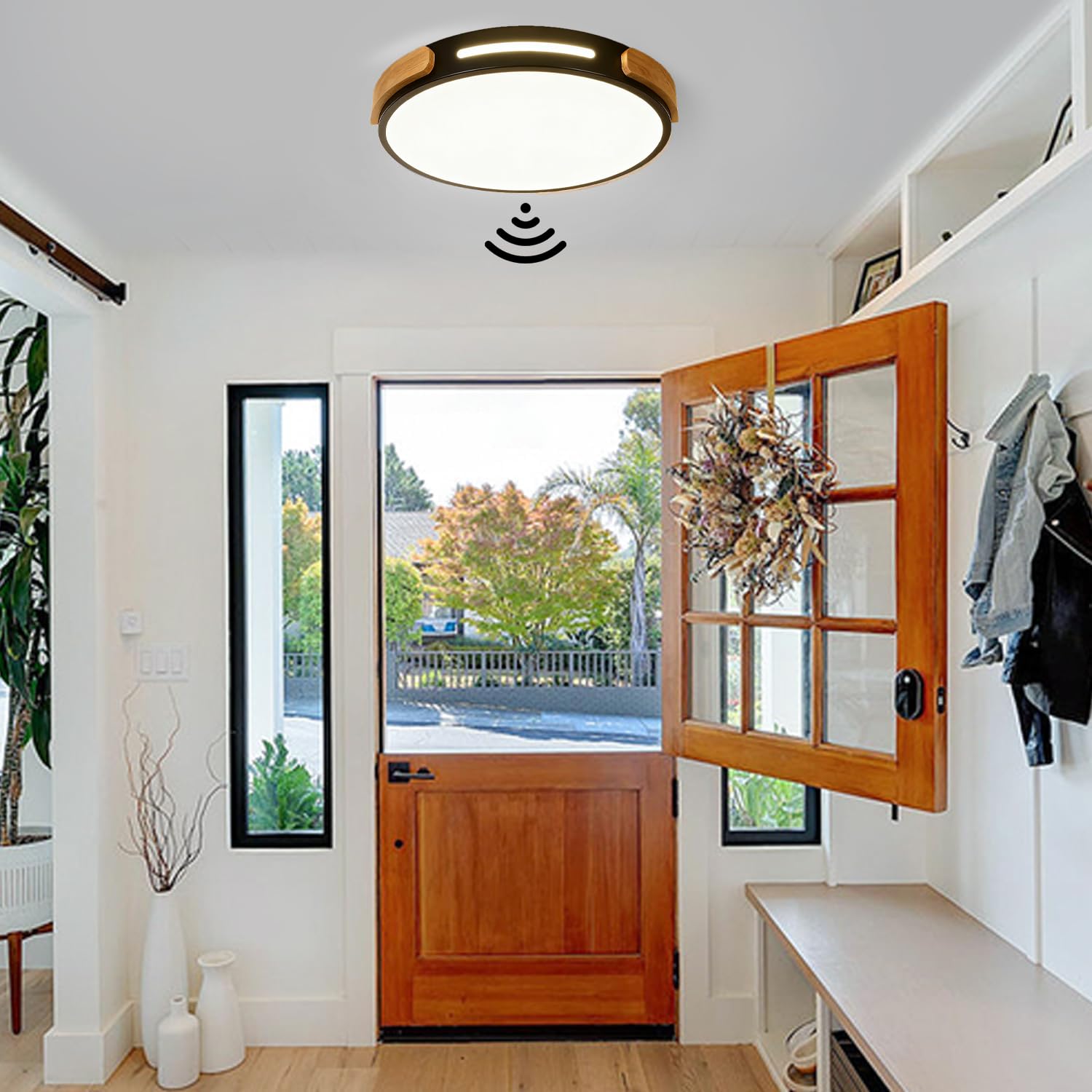 Plafonnier LED en Bois Intérieur avec Détecteur de Mouvement Lampes de Plafond couloir en Moderne Lumière de Plafond Rond pour Hall Allée Garage balcon Escaliers Véranda Eclairage (Schwarz,30cm)