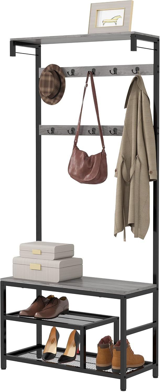 SEIRIONE Coat Rack with Shoe Bench Furniture, Hall Tree Storage Organizer for Entryway, 4 In 1 Design, 10 Hanging Hooks, Metal Frame and Wooden shelf Boards, Easy Assembly, Greige