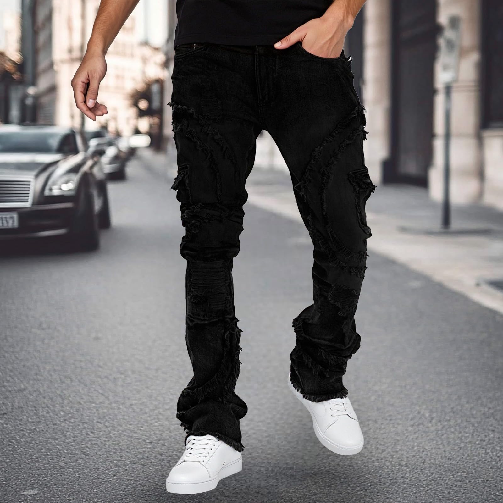 Jeans da uomo elasticizzati, stile hip hop, streetwear, a gamba dritta, vestibilità ampia, in denim, per attività all'aperto, comodi, per il tempo libero, con tasche