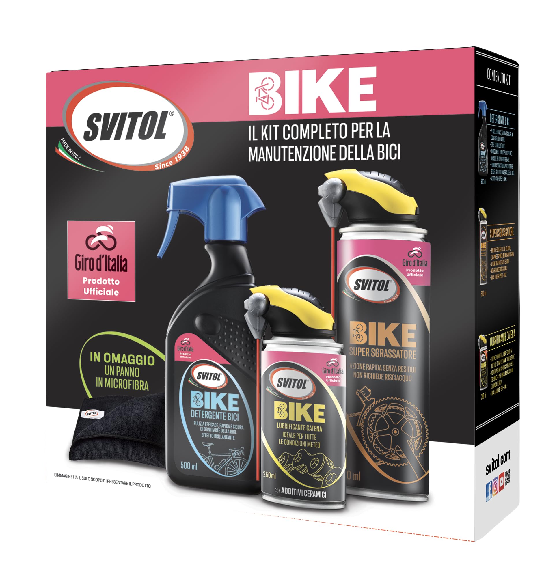 SVITOL Kit Manutenzione Bici, Speciale Giro d'Italia, Detergente, Lubrificante, Sgrassatore e Panno in Microfibra