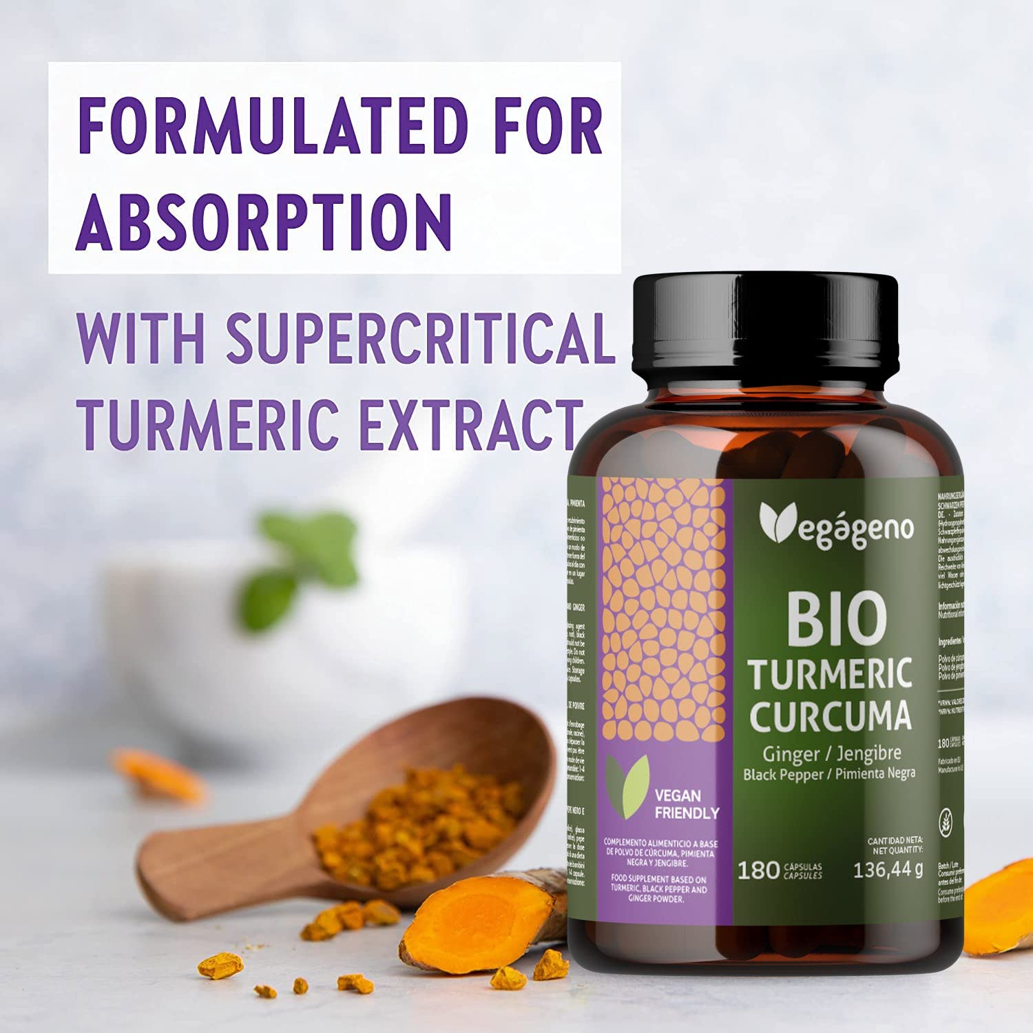 VEGAGENO Curcuma con Jengibre y Pimienta Negra 180 Capsulas 100% Orgánica. Para Digestión y Articulaciones.Dosis alta de Curcumina