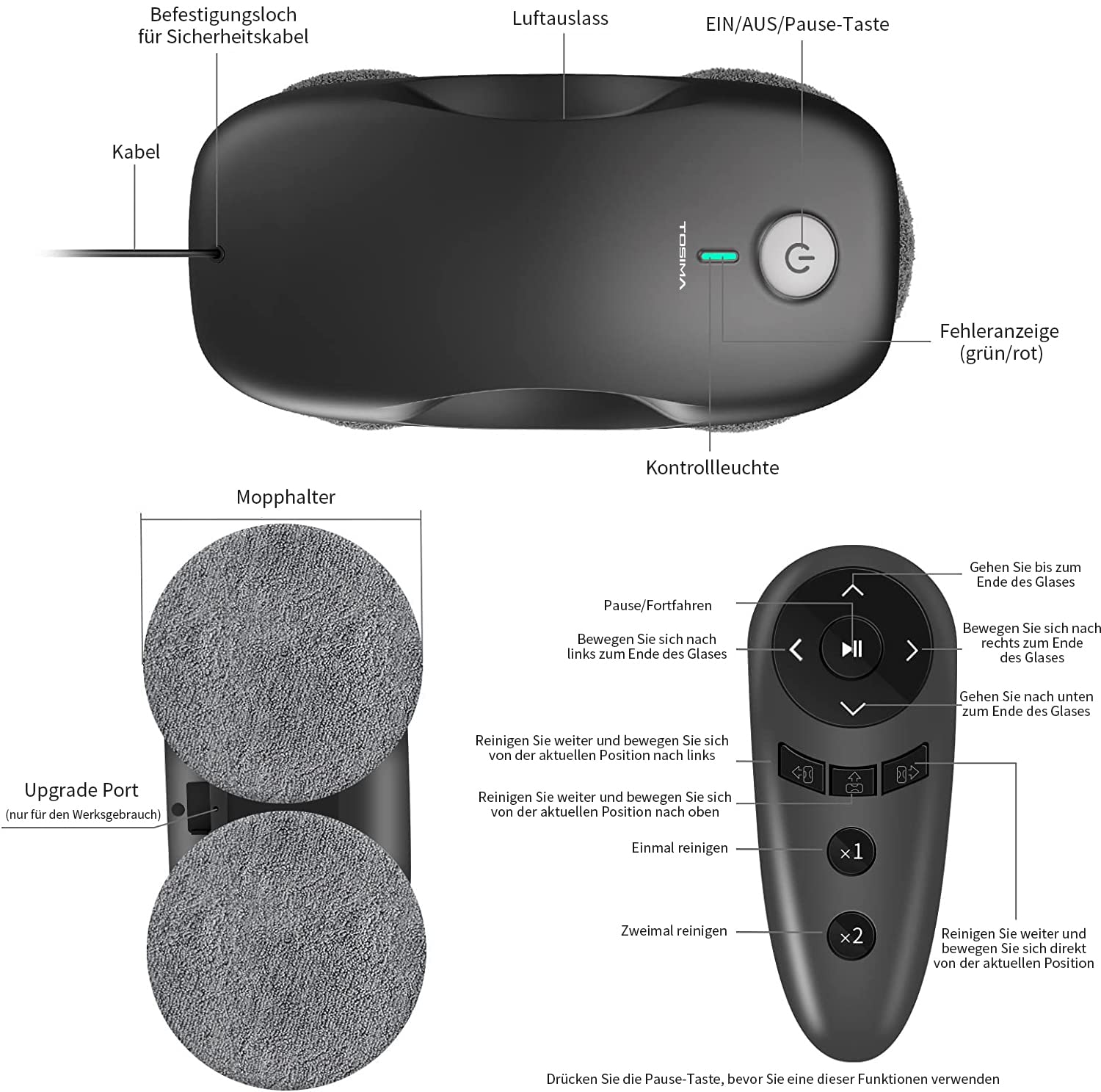 Tosima W2 fensterputzroboter 3800 PA automatischer fensterroboter mit Fernbedienung intelligenter Navigation und intelligenter Kantenerkennung geeignet für den Außen- und Innenbereich schwarz