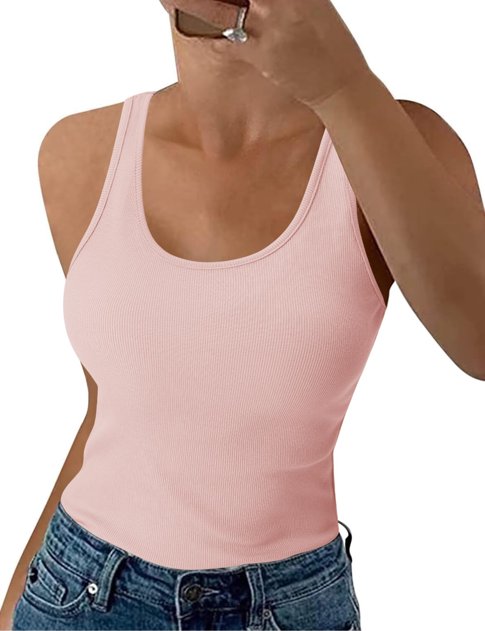 Aottori Damen Tank Top Sommer Slim Fit Oberteile Ärmellos Gerippt Basic Shirt Rundhals Weste Baumwolle Tops Sexy Casual Vest Einfarbig