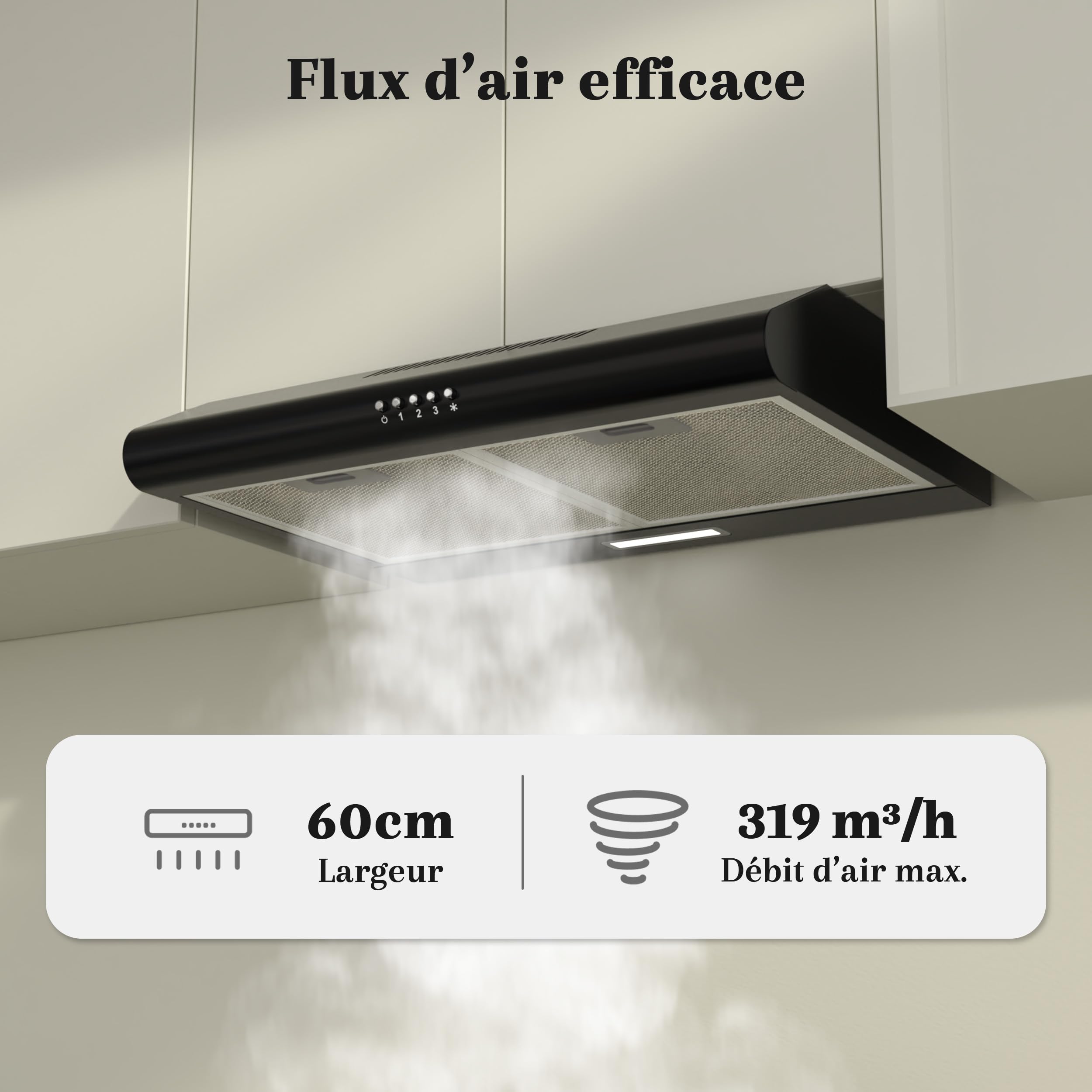 FIREGAS Hotte Aspirante 60cm Noire A++, Moteur Brushless Silencieuse 46dB, Débit 319m³/h, Hotte Cuisine avec Filtres à Charbon, Évacuation Top/Arrière ou Recyclage