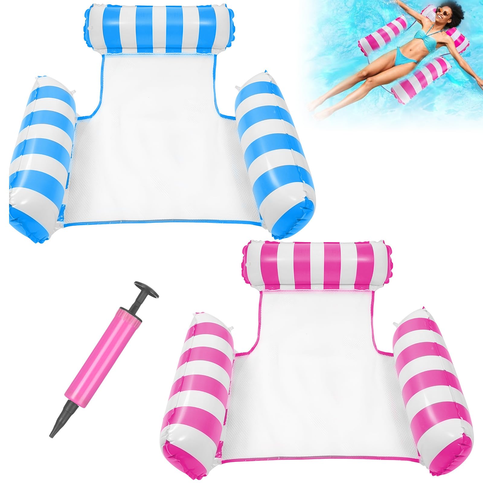 2 Pcs 4 in 1 Inflatables Pool with Manual Air Pump, Adults Inflatable Floats, Multi-Purpose Water Hammock, Swimming Pool Floating Chair for Lake, Beach, Lounge Party, Summer Holiday (Pink/Blue)