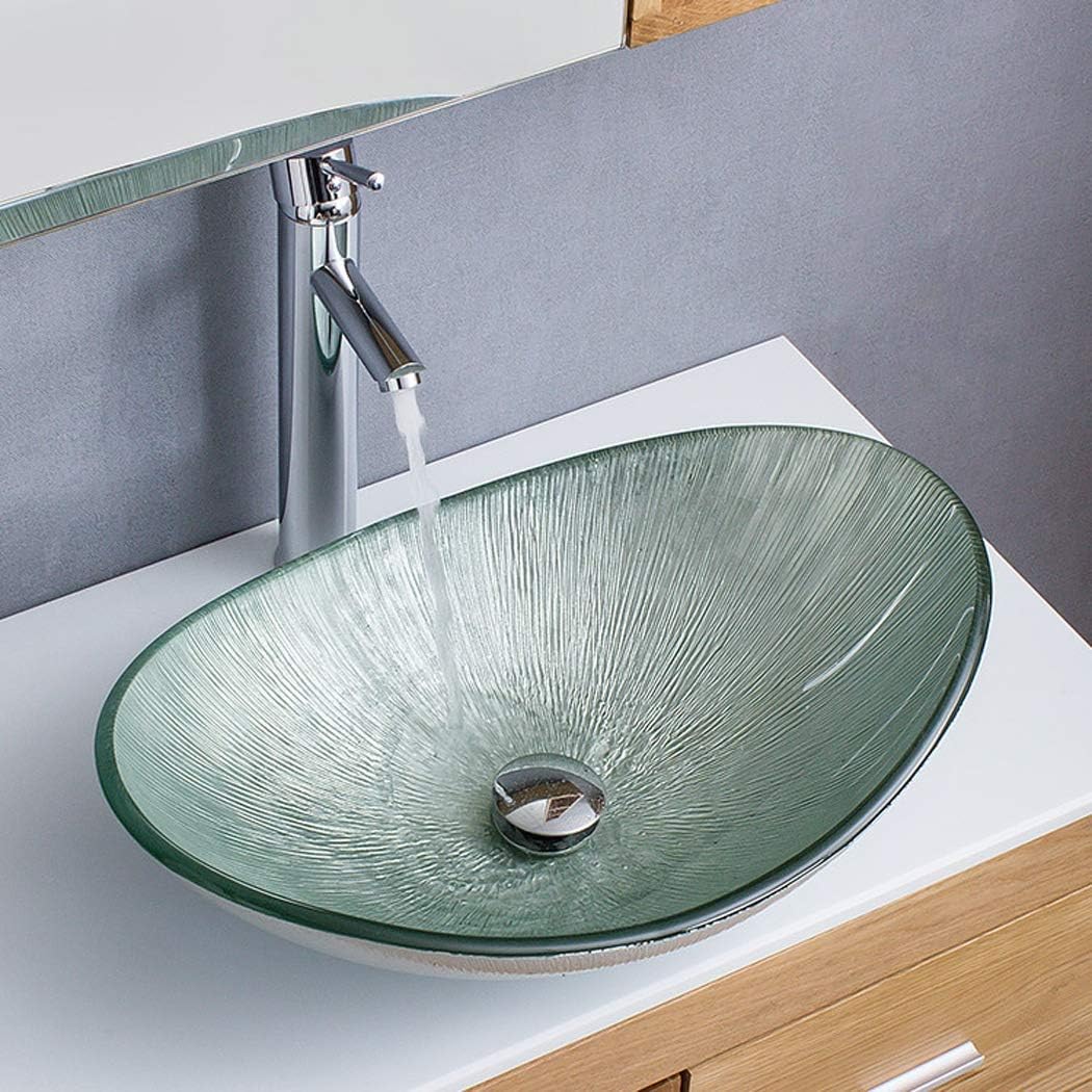 Modern Tempered Glass Bathroom Sink and Faucet Combo Boat Style Utility Sink Over Counter Silver