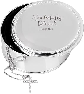 Round Jewelry Mirror Polished Trinket Box - Christian Keepsake for New Born Babies to Celebrate Baptism, Catholic First Communion Rosary Necklace Eucharistic Box Metal, Silver Plated Zinc