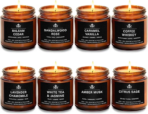 Juego de 8 velas perfumadas de cera de soja, manzanilla de lavanda, salvia cítrica, almizcle ámbar, cedro de bálsamo, whisky de café, velas de