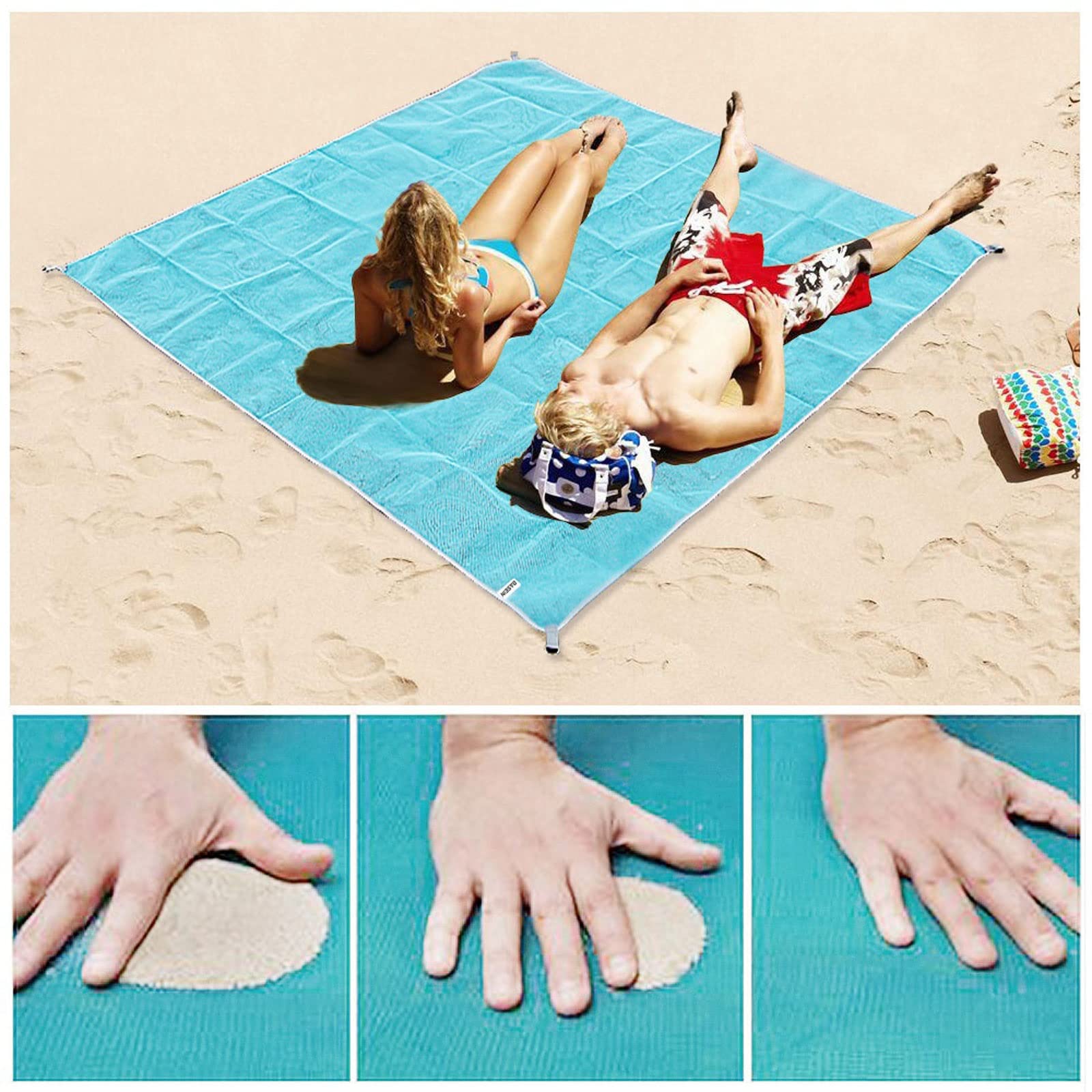 Błękitny koc plażowy bez piasku, wodoodporna mata kempingowa, składany materac podróżny na zewnątrz (200 x 200 cm) – idealny na piknik, festiwale i rodzinne przygody.