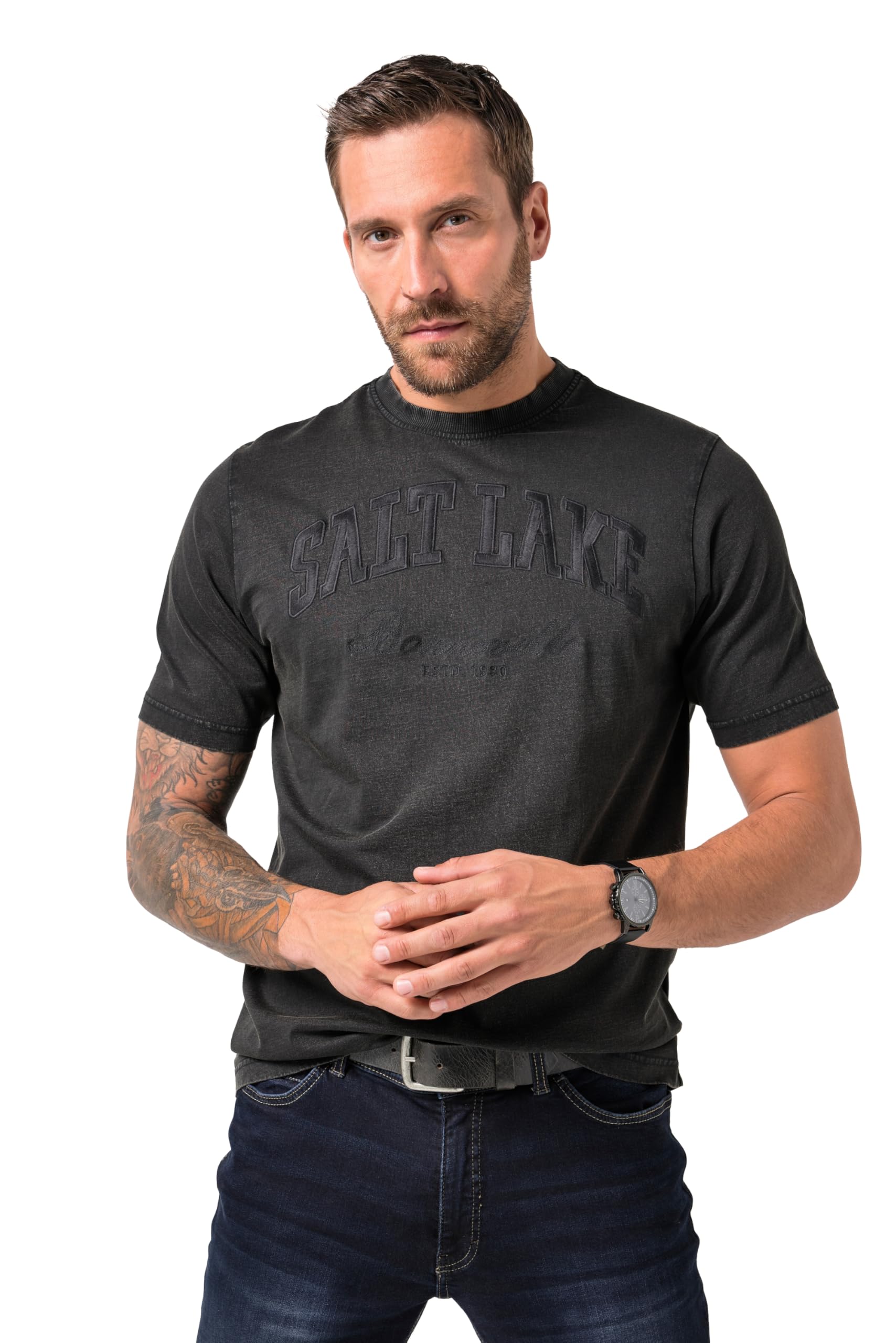 JP 1880 Mens Large Sizes Plus Sizes Menswear L-8XL JP1880 Half Sleeve Vintage Look Chest Print T-Shirt 844462, Black, 4XL