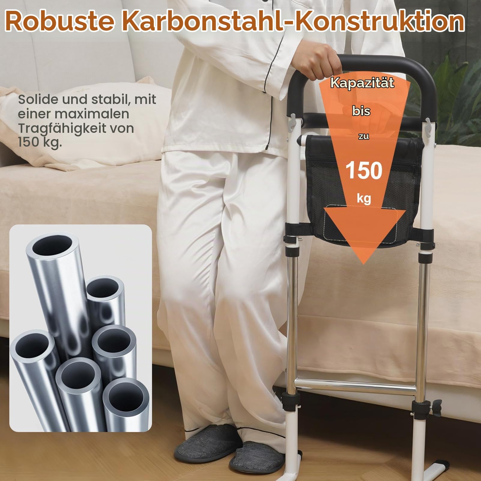 Aufstehhilfe Bett/Sofa/Toilette, Gehhilfe für Senioren, 5-Fach Höhenverstellbar, Stehhilfe mit Tasche und Sensorlicht, Max Tragfähigkeit 150 kg