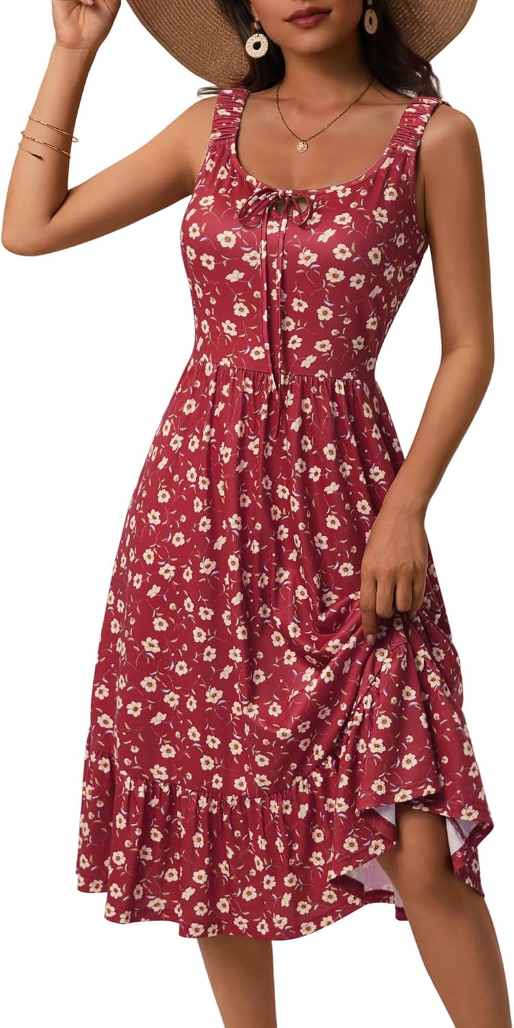 OURIN Womens Summer Midi Dress Elastic Straps Sleeveless Cute Floral Flowy A-line Sundresses with Pockets - Image 2