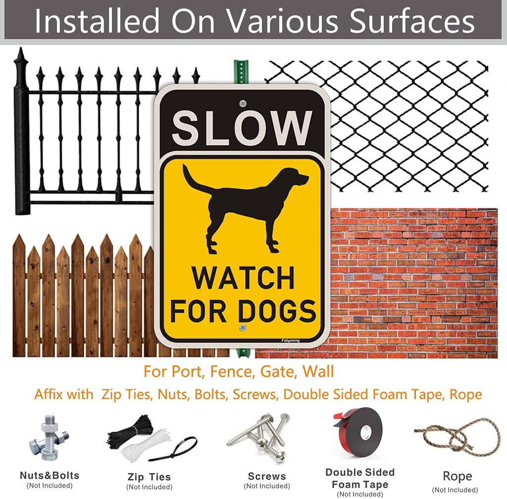 2 Pack Slow Watch For Dogs Sign Slow Down Dogs At Play Safety Signs 18 x 12" Metal Reflective Rust Aluminum Weatherproof UV Protected Easy Mounting Indoor Outdoor Use