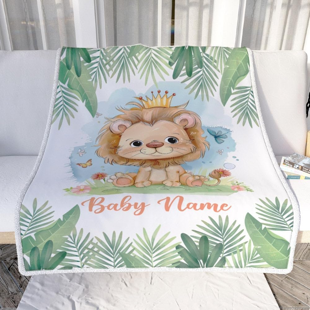 Personalized Lion King Baby Blanket for Boy Custom Name Cute Lion Newborn Nursery Kids Son Grandson Nephew Birthday Christmas Customized Bed Fleece Blanket (50 x 60 in Youth Size)