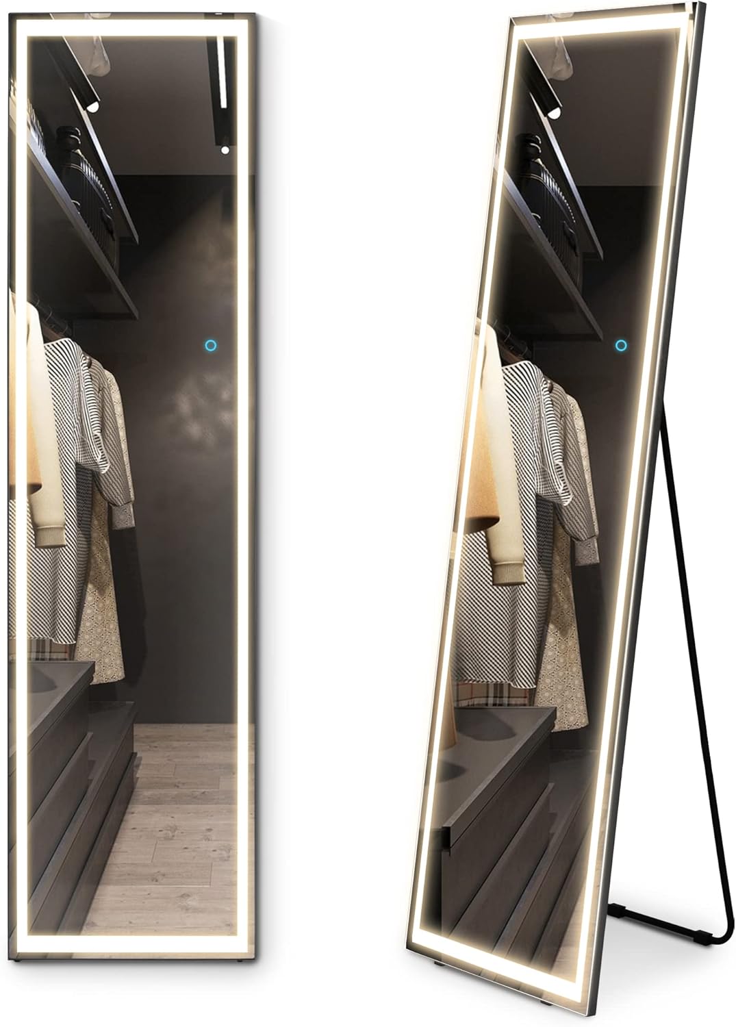 LVSOMT Stand Up Full Length Mirror with LED Lights, Free Standing Floor Mirror, Full Body Lighted Mirror, Wall Mounted Hanging Mirror w/Dimming & 3 Color Lighting for Bedroom (63"x16", Black) : Home & Kitchen