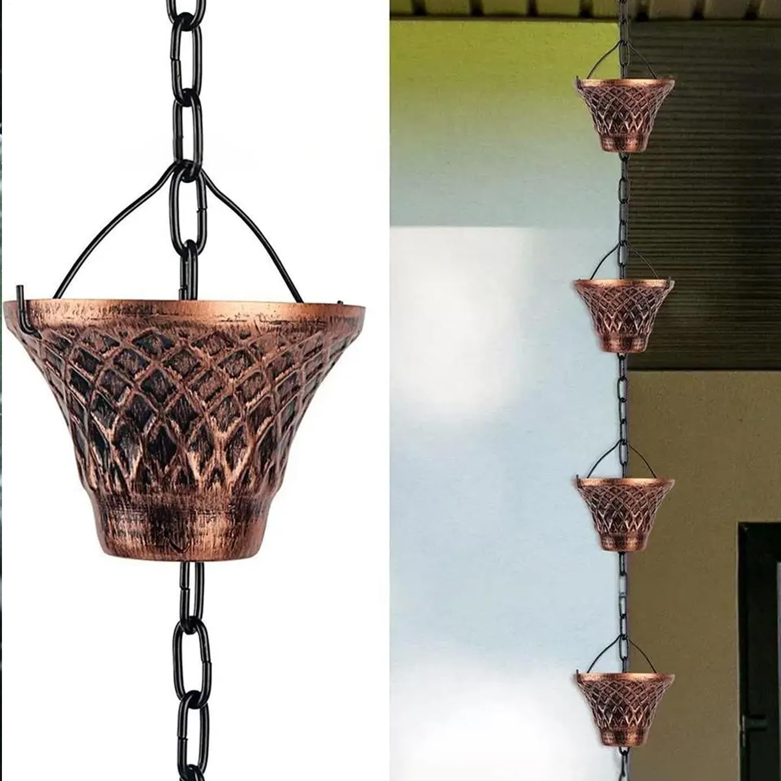 Genérico Cadena De Lluvia,Tubo De Desagüe De Cobre 2.7 Metros - 12 Tazas para Canalones - para Techo Jardín Exterior Porche Árbol Casa