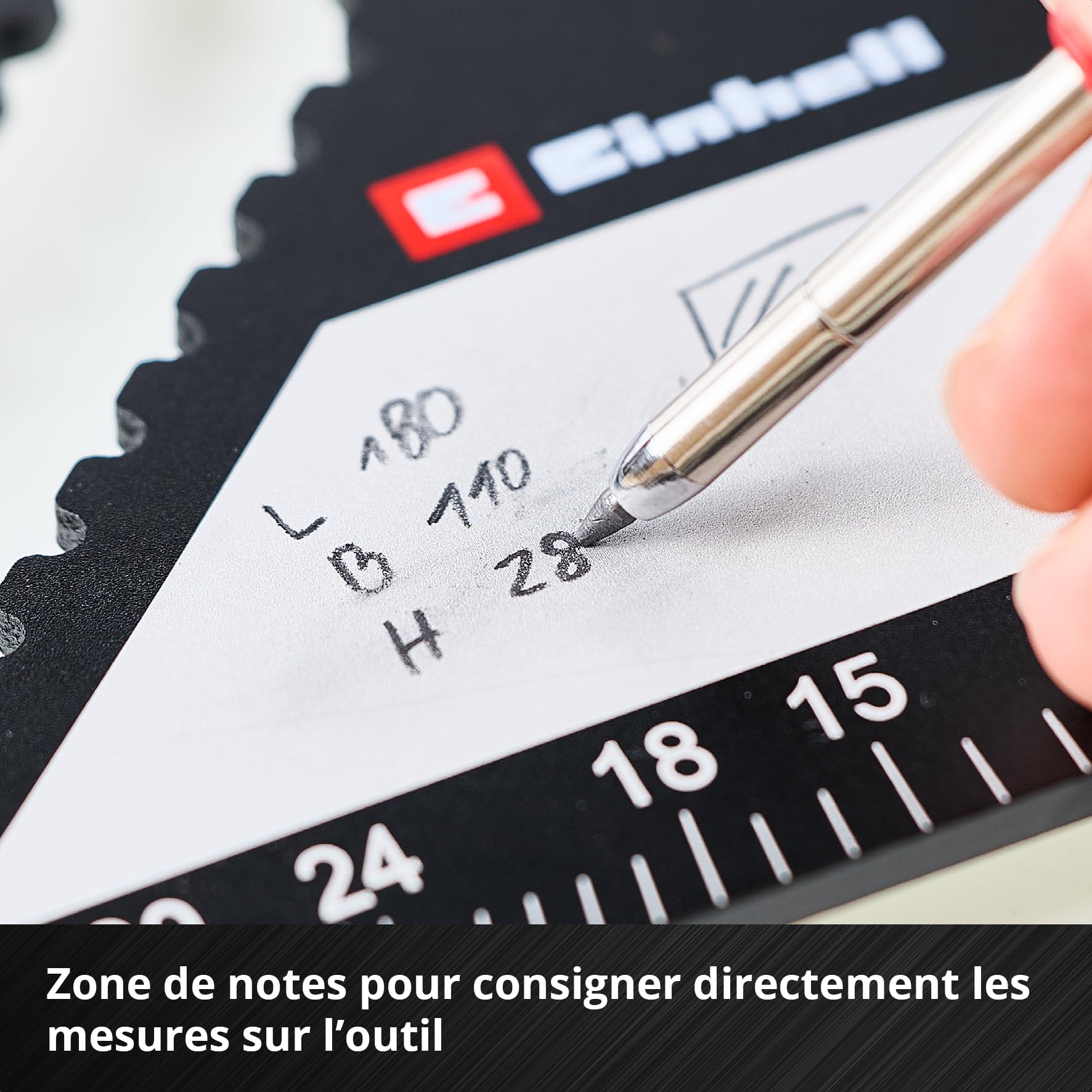 Einhell 2 pièces jeu d’équerres de charpentier, 185/300 mm | Graduations en mm et en degrés | ouvertures de traçage | gabarit de perçage | tableau de conversion pour chevrons | marqueur