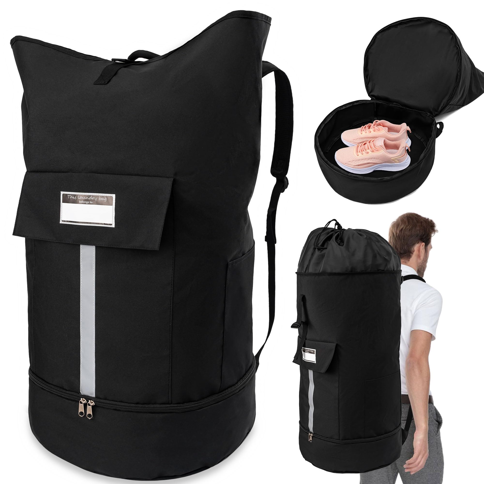 Laundry Bag Backpack with Shoulder Straps Shoe Compartment 3 Pockets Heavy Duty Large Clothes Hamper Bag with Drawstring Closure College Dorm Room Essentials for Travel Camp Apartment Black