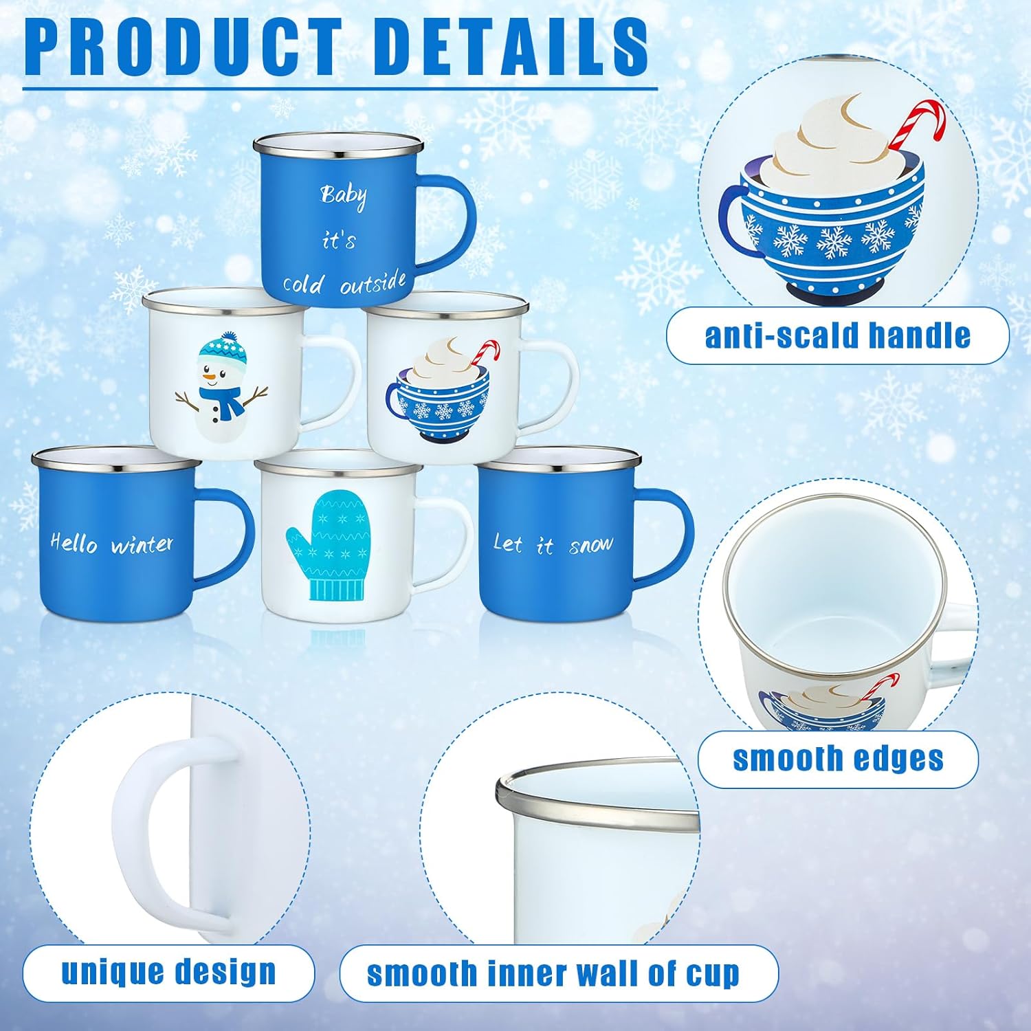 Christmas Mugs Set of 6 - Winter 9 oz Coffee Cups With Handle, Holiday Enamel Mini Mug for Hot Cocoa, Camping, Xmas Tea Party Gifts and Supplies