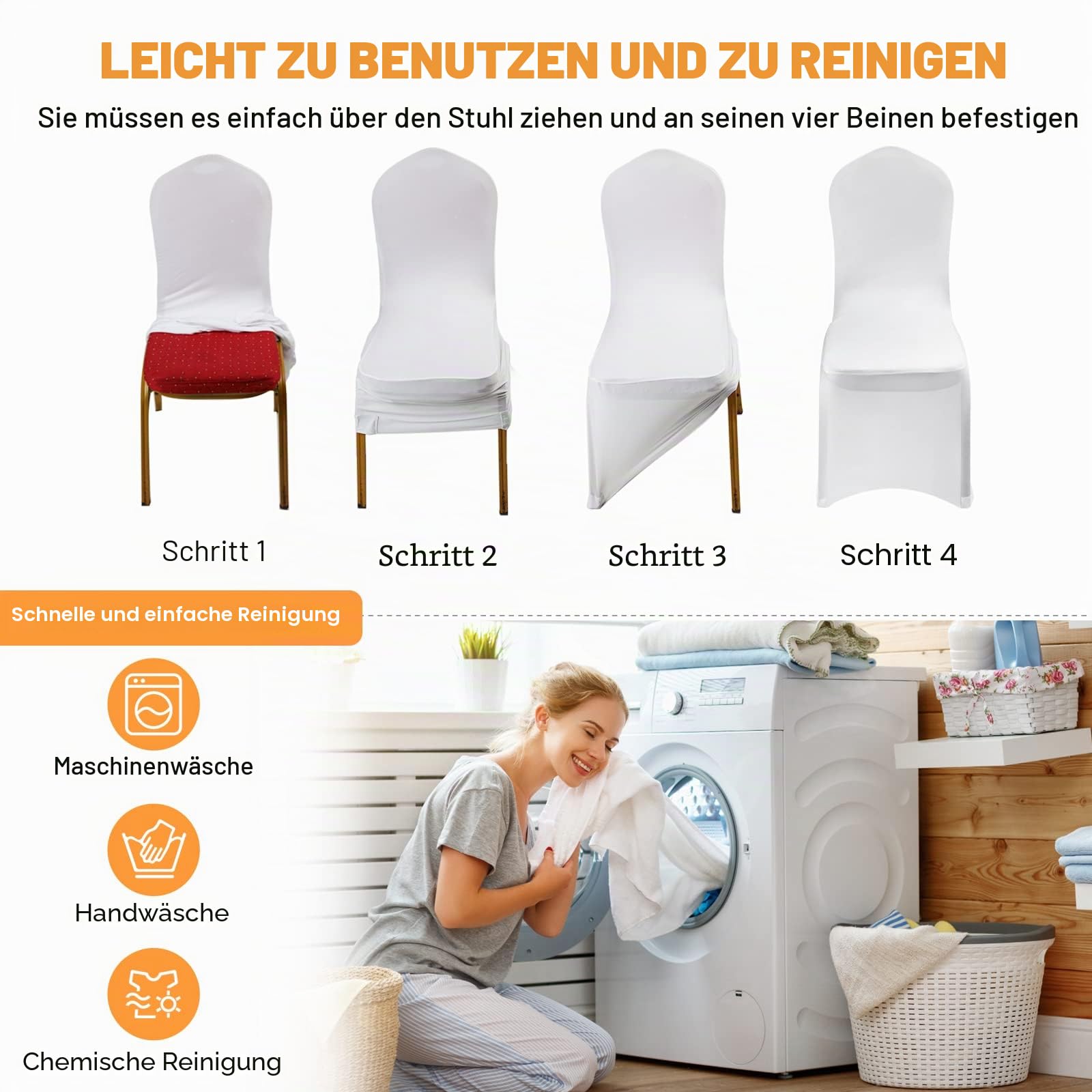 VELPAX Stuhlhussen 50 Stück, Universell Stuhlhussen Weiß Polyester, Elegante Stuhl Stuhlbezüge Elasthan Spandex Waschbarer für Taufe Geburtstag Hochzeit Bankett Dekoration