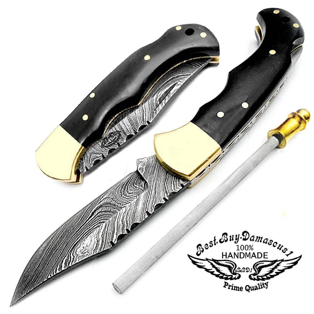 Buy Damascus pocket knifefolding hunting knives 6.5" Buffalo Horn