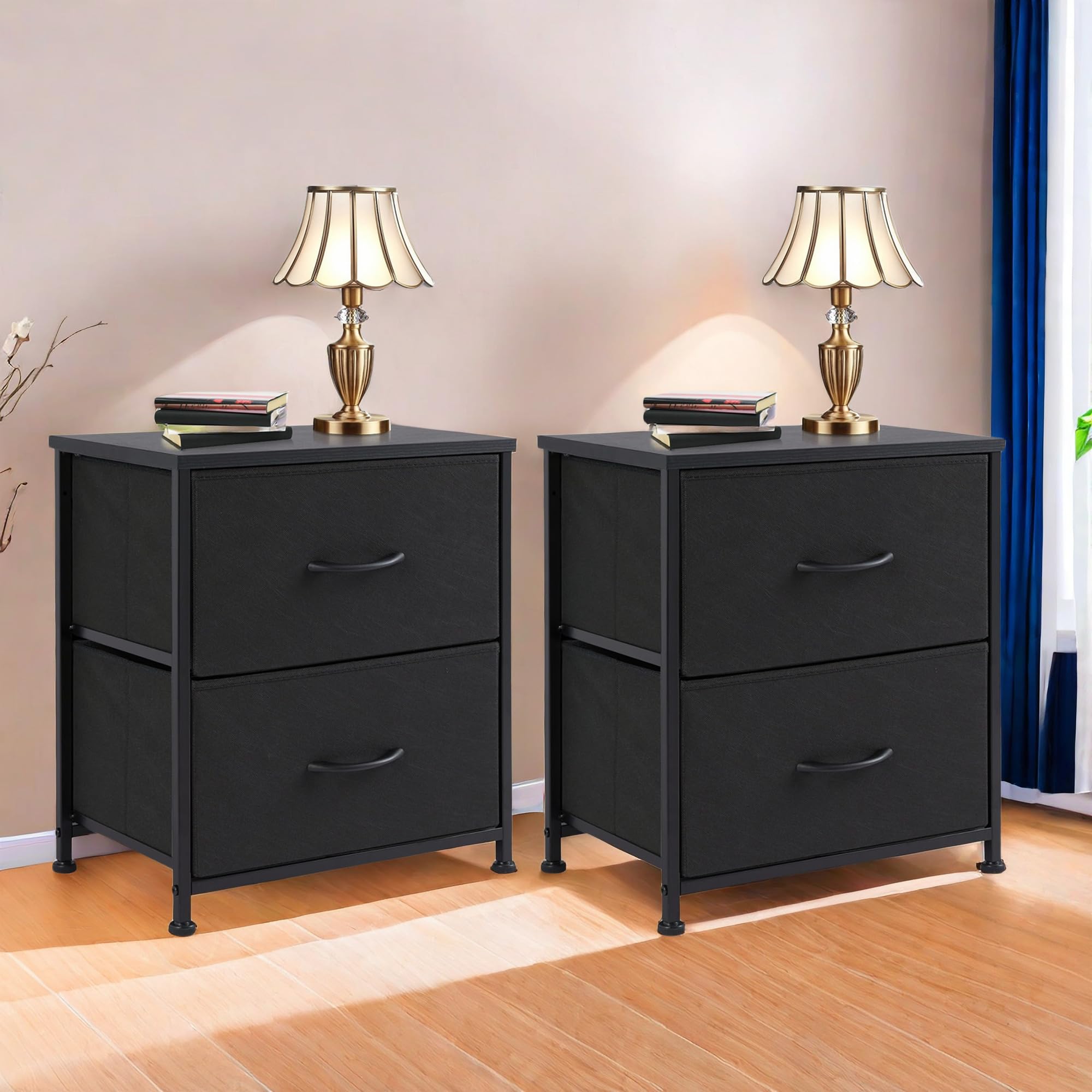 Night Stand, Small Dresser with 2 Fabric Drawers, Farmhouse Black Nightstands Set of 2 for Bedroom, Closet, Dorm, Black/2BC 2-Pack
