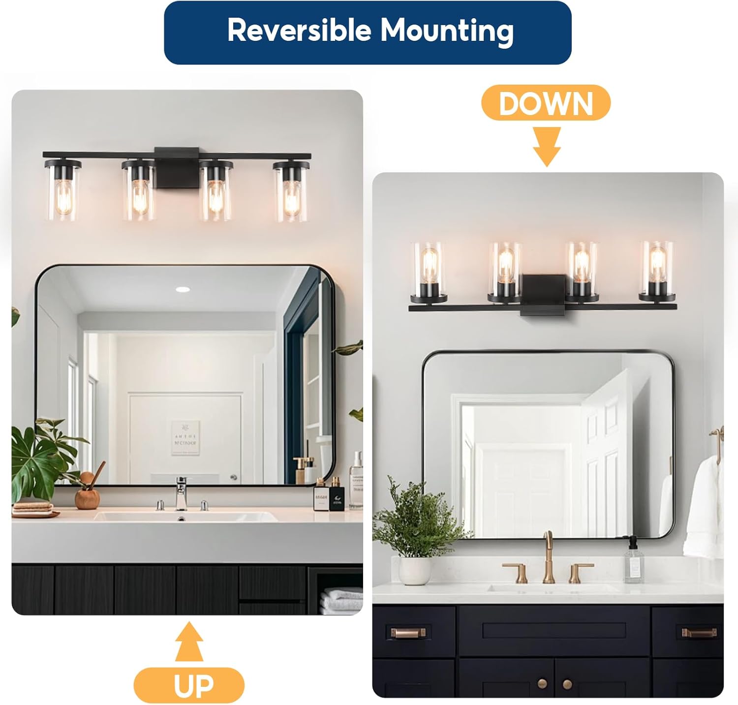 27in Bathroom Light Fixture Over Mirror, 4-Light Matte Black Vanity Lights with Clear Glass Shades, Modern Wall Sconces for Living Room, Bedroom, Hallway, E26 Base