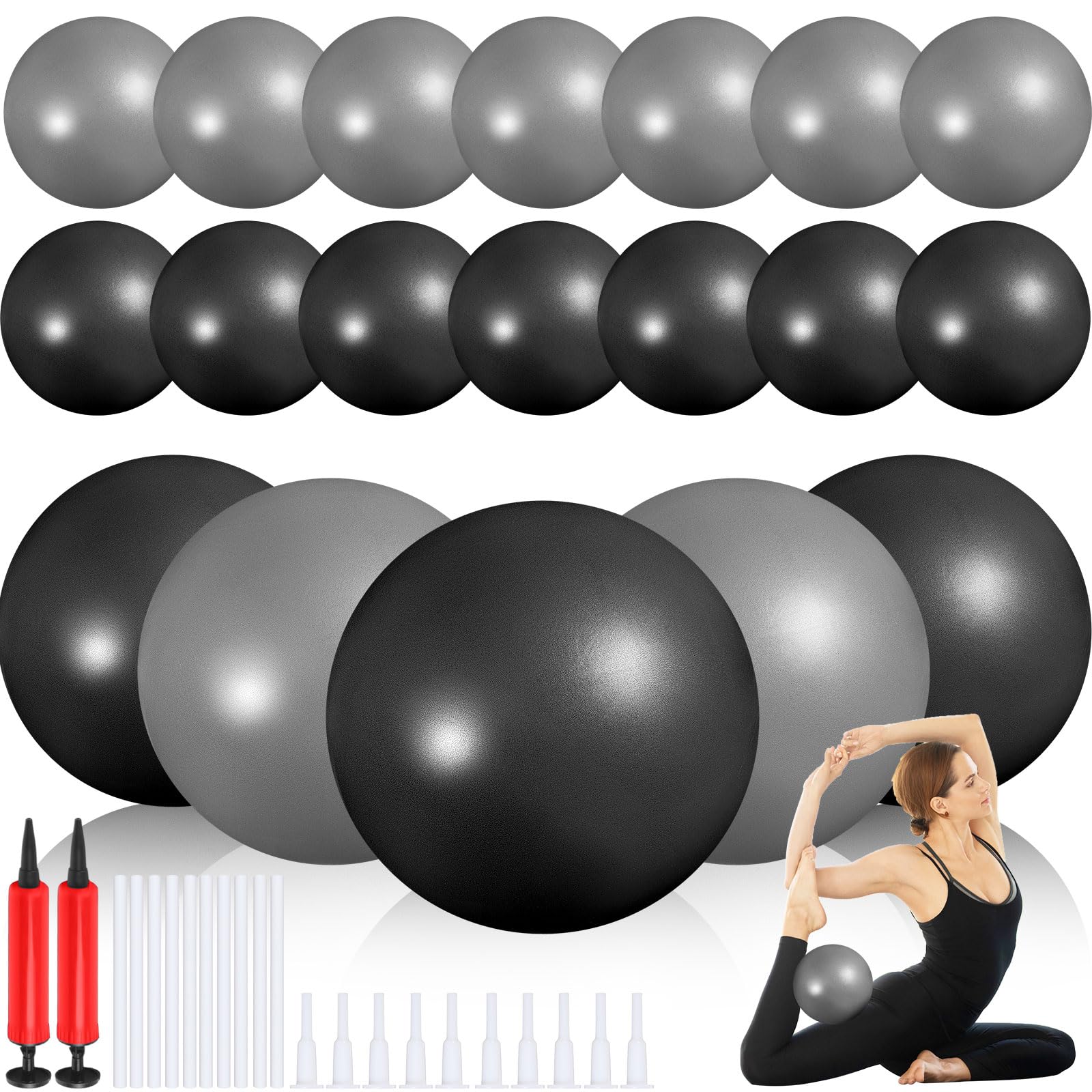 Sotiff 20 Pcs 9 Inch Exercise Pilates Ball Yoga Therapy Ball Pink Purple for Yoga Stability Barre Training Stretching Physical(Gray,Black)