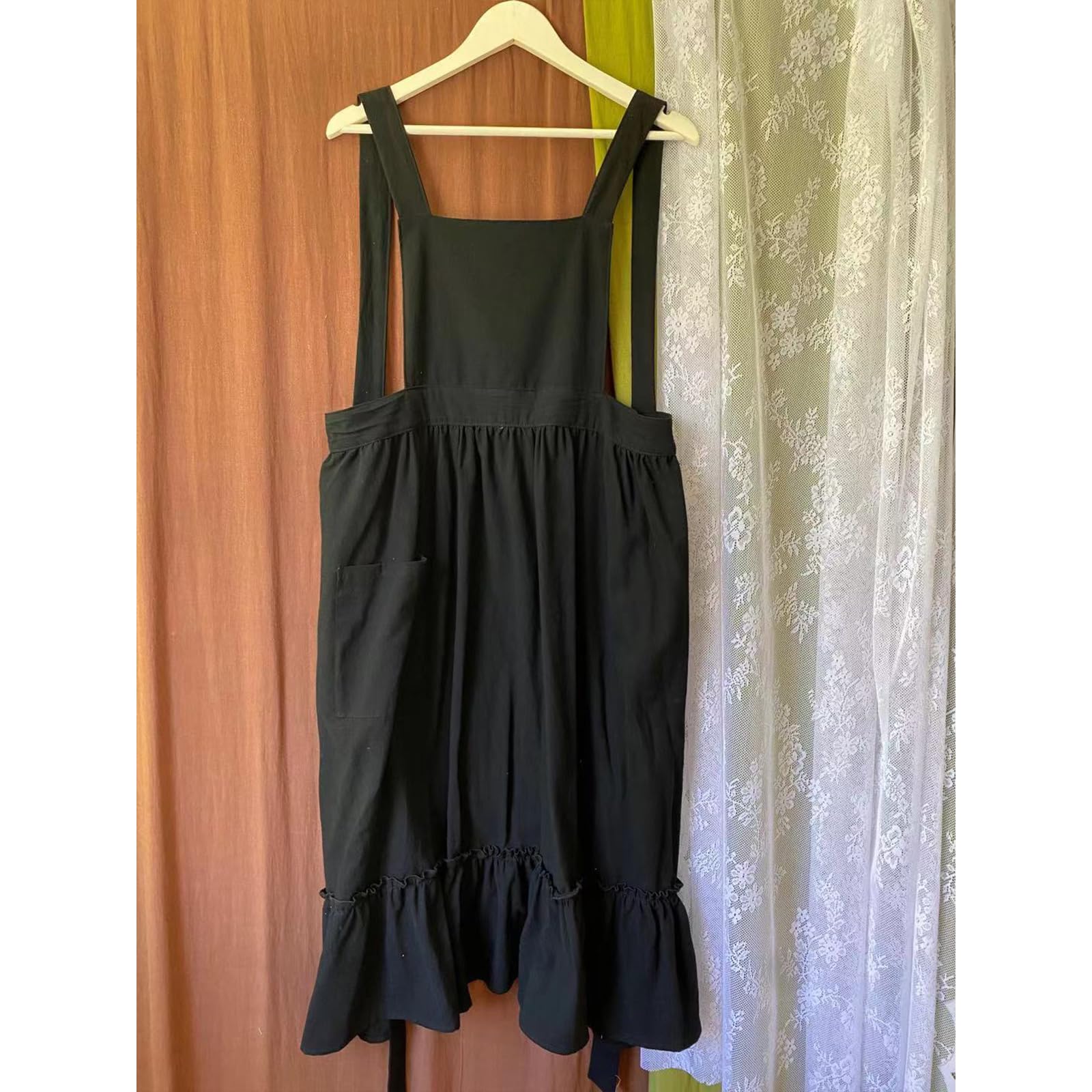 Grembiule in cotone e lino con volant per donne e ragazze, vintage, per cucinare, giardinaggio, lavoro, cameriera, grembiule con tasche, Verde militare, R