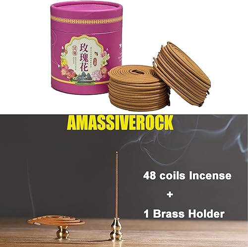 Miniatura 3 de AMASSIVEROCK Bobinas de incienso de rosas (48 piezas) Bobina de incienso y soporte de incienso de latón, bobinas de incienso naturales, diseño en
