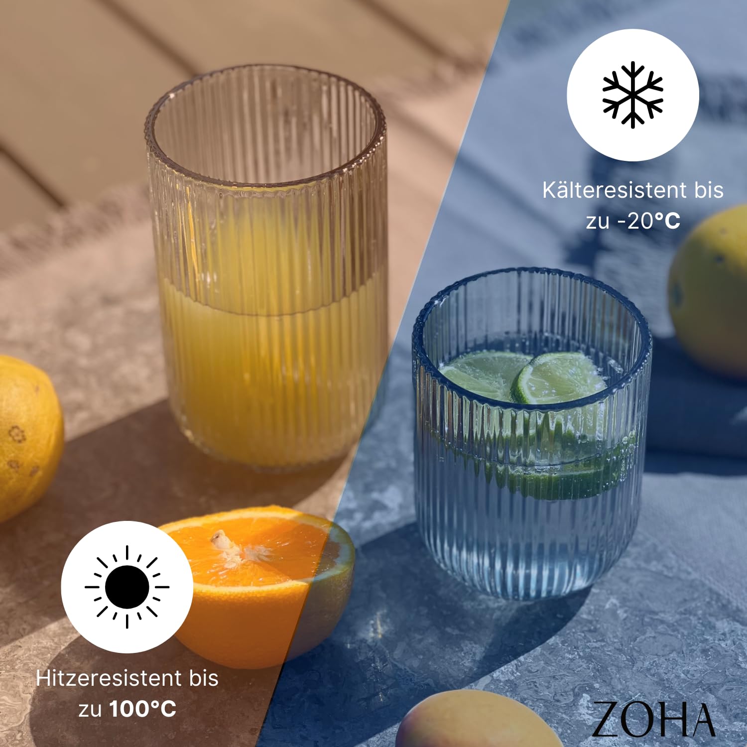 Zoha Relief Crystal Gläser 8er Set – 400 ml Teegläser | Trinkgläser für Heiß- und Kaltgetränke | Design Riffle Glass Kaffeebecher | Glasbecher für Cocktail, Eiskaffee und Saft | Spülmaschinengeeignet