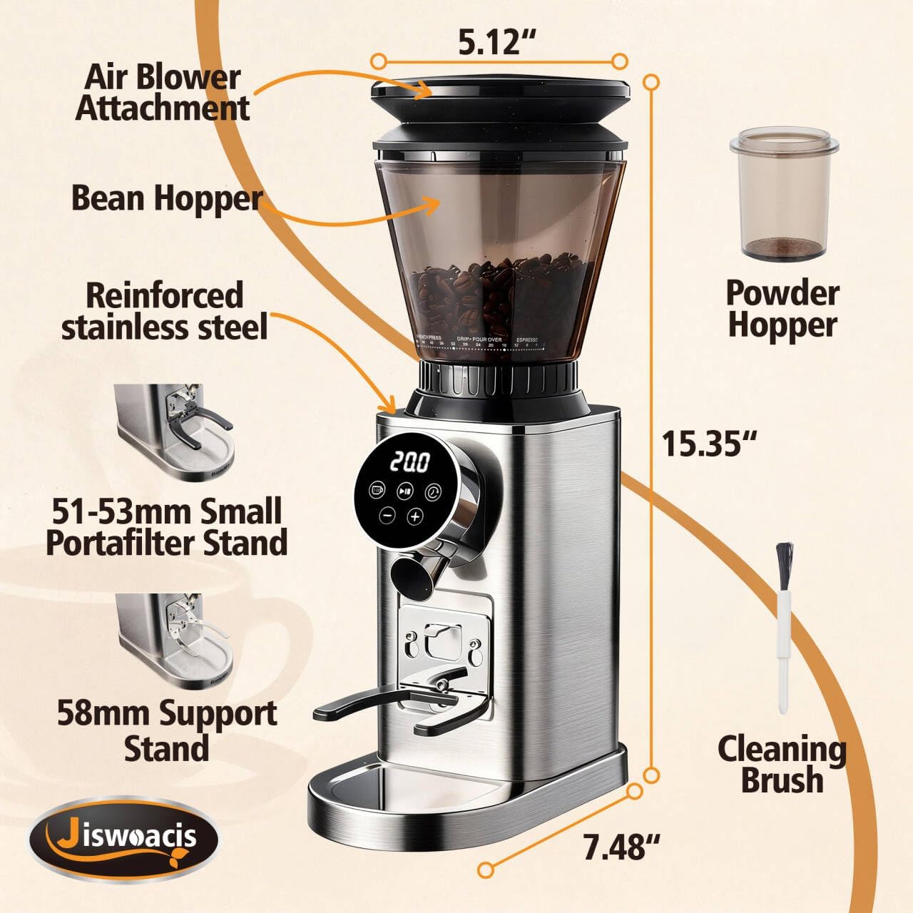 Burr Coffee Grinder, Electric Conical Coffee Bean Grinder With 48 Grind Settings Anti-static Burr Mill, Precision Electronic Timer, for Espresso/Drip/Cold Brew/French Press, Stainless Steel, Silver