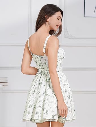 OBEEII Womens Corset Mini Dress Sexy Sleeveless Backless Low Cut Lace Short Dress Ruffle Summer Sundress